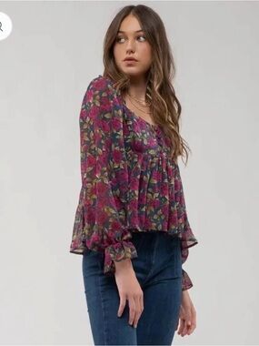 Blue Pepper Green Purple Rose Floral Puff Sleeve Romance Babydoll Blouse Medium